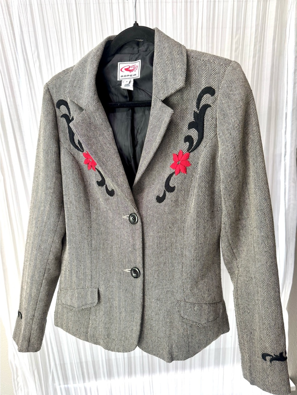 Roper Gray Herringbone Blazer with Red Floral Accents